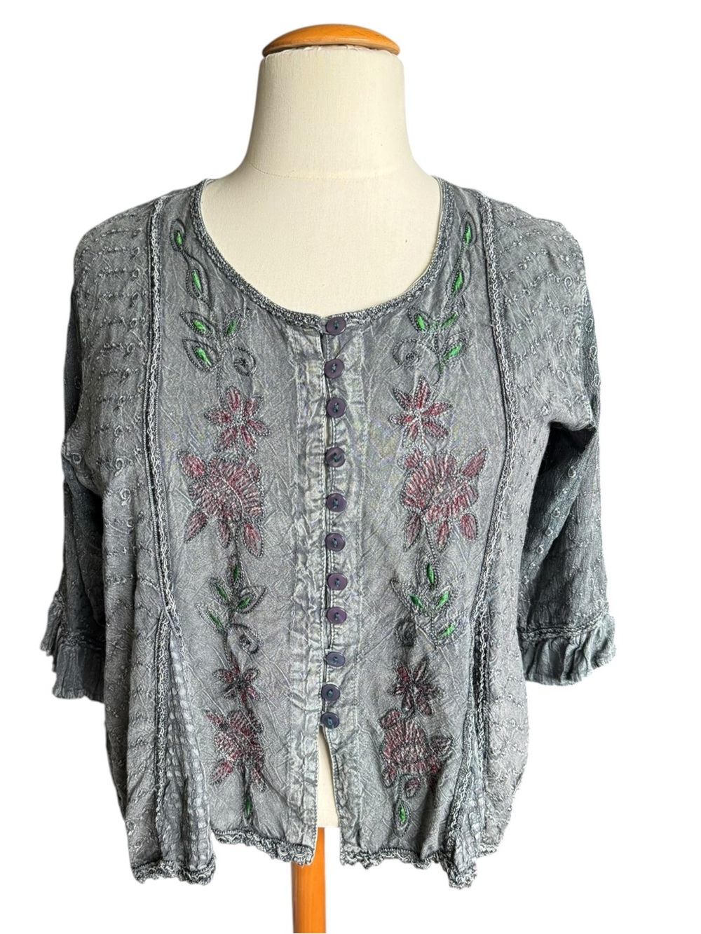 Flower Plus Size Gray Embroidered Boho Tunic Top Lagenlook Fairy Grunge